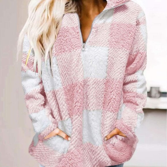ZESICA Women’s Plaid Sherpa Fleece Pullover – Cozy Half-Zip Jacket 2XL - Picture 2 of 4